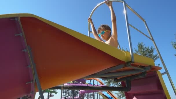 Jongen glijden uit grote kleurrijke water slides in zwembad — Stockvideo