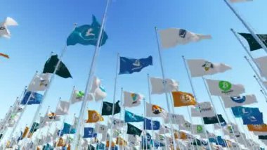 Kripto para birimi ile birçok bayrak mavi gökyüzü karşı imzalar. Üç boyutlu 3d animasyon oluşturma.