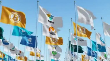 Bitcoin, Ethereum, Litecoin, Monero, Nem, Ripple cryptocurrency, dijital para bayrakları mavi gökyüzü karşı imzalar. Üç boyutlu 3d animasyon oluşturma.