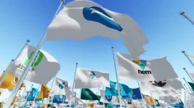 Mavi gökyüzü karşı rüzgarda sallayarak tüm şifreleme para birimi işaret bayraklarıyla. Üç boyutlu 3d render animasyon.