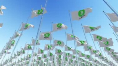 Bitcoin nakit Kripto para birimi ile birçok bayrak mavi gökyüzü karşı imzala. Üç boyutlu 3d animasyon oluşturma.