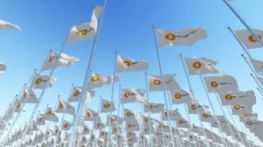 Bitcoin klasik cryptocurrency dijital para beyaz bayrak mavi gökyüzü karşı rüzgarda sallayarak oturum. Üç boyutlu 3d render animasyon.