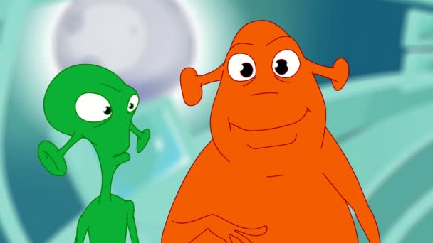 Dois Alienígenas Engraçados Olhar Para Câmara Personagens Desenhos Animados — Vídeo de Stock