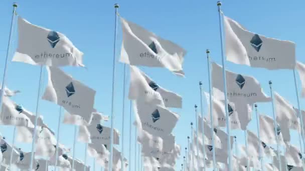 암호화 Chrystal 로고에 깃발을 물결치는 하늘에 대하여 애니메이션 렌더링 — 비디오