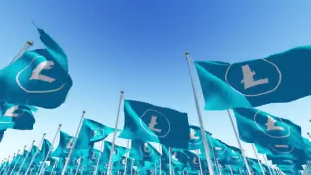 Litecoin Kryptowährung Zeichen Auf Blauen Flaggen Vor Blauem Himmel Animation — Stockvideo
