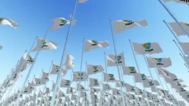 Nem Xem açık kaynak Kripto para birimi para işareti mavi gökyüzü ile bayraklar sallayarak. Üç boyutlu 3d animasyon oluşturma.