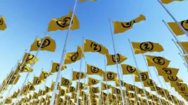 Birçok Zcash Z bayraklarıyla Kripto para birimi işaretleri mavi gökyüzü karşı para. Üç boyutlu 3d animasyon oluşturma.