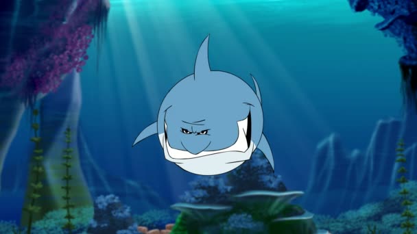 Funny zlobí žralok pod vodou. Animované kreslené postavičky.