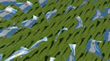 Arjantin yeşil alan üzerinde birçok bayrakları yukarıdan görüntüleyin. Üç boyutlu 3d animasyon oluşturma.