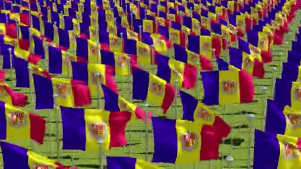 Muchas Banderas Andorra Campo Verde Representación Tridimensional Animación — Vídeos de Stock