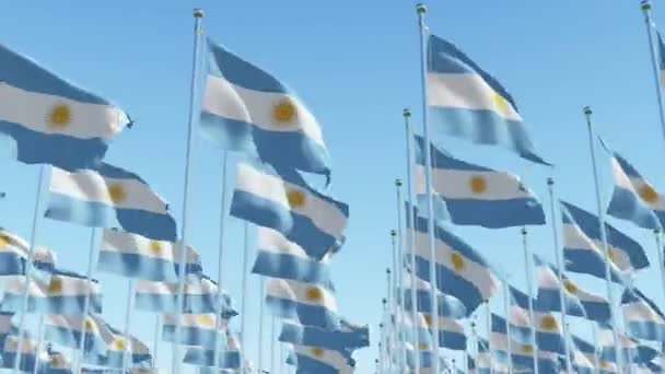 Veel Vlaggen Van Argentinië Zwaaien Tegen Blauwe Hemel Drie Dimensionale — Stockvideo