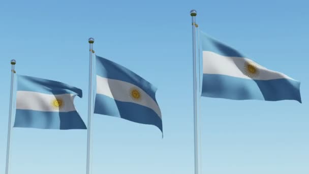 Three Flags Argentina Waving Wind Blue Sky Three Dimensional Rendering — Stock Video