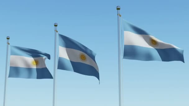 Tres Banderas Argentina Ondeando Viento Contra Cielo Azul Representación Tridimensional — Vídeo de stock