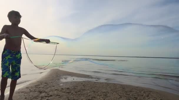 Junge Der Bei Sonnenuntergang Große Seifenblasen Strand Macht Sommerferien Auf — Stockvideo