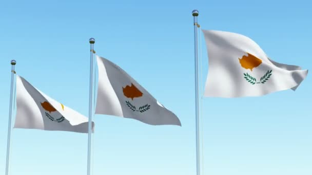 Три Кіпр Прапори Розмахуючи Проти Синього Неба Тривимірні Надання Анімація — стокове відео