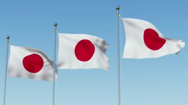 Üç bayrak sallayarak Japonya karşı mavi gökyüzü. Üç boyutlu 3d animasyon oluşturma.