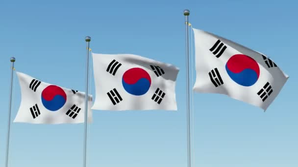 Tres Banderas Corea Del Sur Ondeando Contra Cielo Azul Representación — Vídeos de Stock