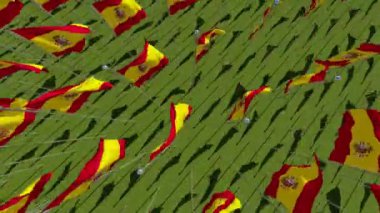 İspanya birçok bayrakları yukarıdan güneşli bir günde yeşil alanında görüntüleyin. Üç boyutlu 3d animasyon oluşturma.