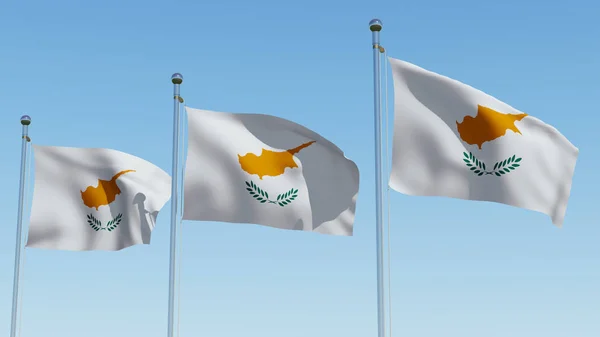 Drie Cyprus Vlag Zwaaien Tegen Blauwe Hemel Drie Dimensionale Renderen — Stockfoto