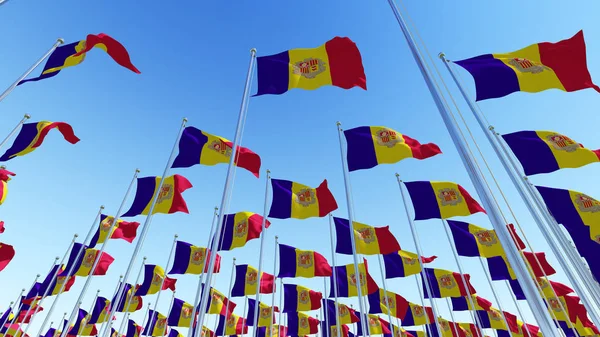 Waving Flags Andorra Blue Sky Three Dimensional Rendering Illustration — Stock Photo, Image