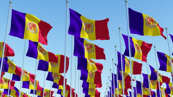 Muitas Bandeiras Andorra Agitando Vento Contra Céu Azul Tridimensional Renderização — Fotografia de Stock