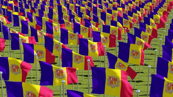 Sok Zászlói Andorra Integetett Windin Zöld Mezőben Három Dimenziós Leképezés — Stock Fotó