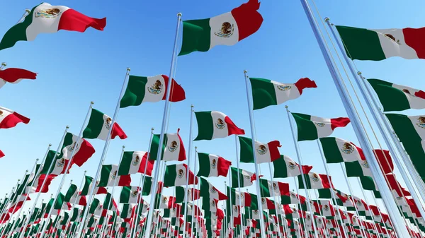 Veel Vlaggen Van Mexico Zwaaien Tegen Blauwe Hemel Drie Dimensionale — Stockfoto