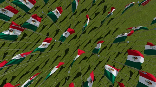Many Mexican Flags View Green Field Sunny Day Three Dimensional — Stock Photo, Image