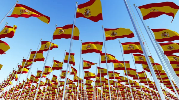 Many Flags Spain Waving Blue Sky Three Dimensional Rendering Illustration — Stock Photo, Image