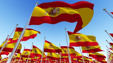 Lots of Spain flags fluttering in the wind against blue sky. Three dimensional rendering 3D illustration. clipart