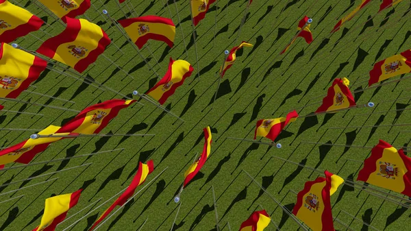 Nombreux Drapeaux Espagne Vue Haut Dans Champ Vert Par Temps — Photo