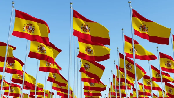 Many Spain Flags Rows Waving Clear Blue Sky Sunny Day — Stock Photo, Image