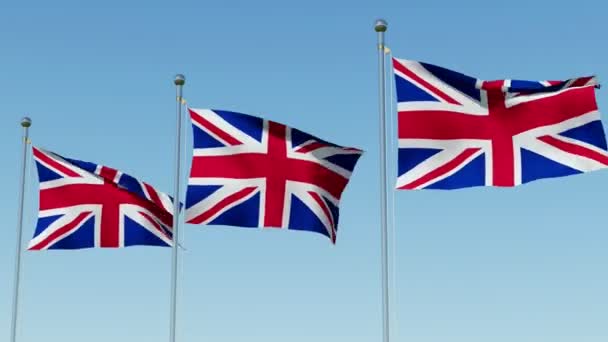 三英国联合国旗在风吹对蓝天 三维渲染动画 — 图库视频影像