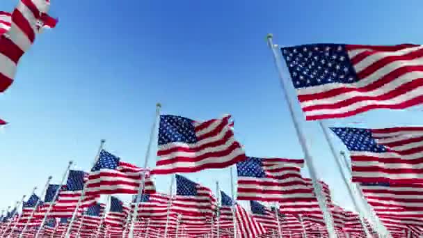 Muitas Bandeiras Americanas Dos Eua Agitam Vento Postes Bandeira Contra — Vídeo de Stock