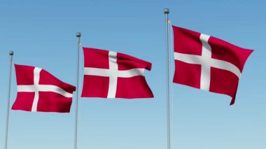 Üç Danimarka bayrak mavi gökyüzü karşı rüzgarda üfleme. Üç boyutlu render animasyon.