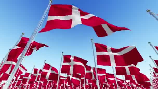 Nombreux Drapeaux Danemark Soufflent Dans Vent Contre Ciel Bleu Clair — Video