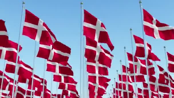 Veel Vlaggen Van Denemarken Wapperen Wind Vlag Palen Een Rij — Stockvideo