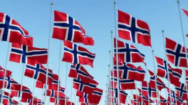 Birçok Norveç mavi gökyüzü karşı rüzgarda üfleme bayrakları. Üç boyutlu render animasyon.