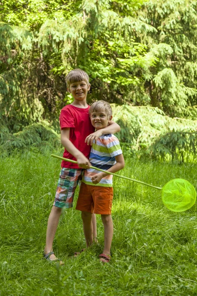 Ευτυχισμένα Αγόρια Στέκονται Μαζί Στο Πράσινο Πάρκο Ένα Δίχτυ Πεταλούδας — Φωτογραφία Αρχείου