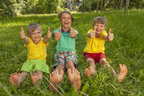 Gelukkige Jongens Zittend Groen Gras Zomertuin Lachende Kinderen Tonen Duimen — Stockfoto