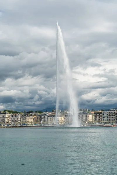 Beautiful View Water Jet Fountain Lake Geneva Cityscape Geneva Cloudy Royalty Free Stock Photos