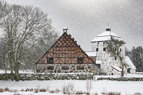 Hovdala Schloss Torhaus und Stallungen im Winter — Stockfoto