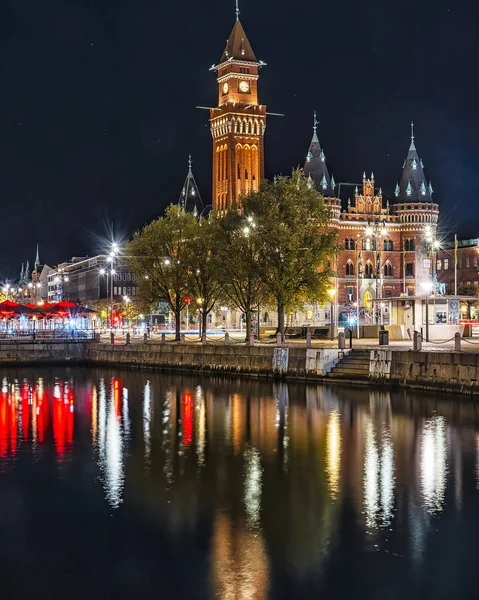 Helsingborg Town Hall Nightime With Reflection — Stock Photo, Image