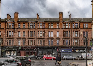 GLASGOW, SCOTLAND - JANUARY 25, 2020: A typical red sandstone tenement block in the Partick area to the west of the city.
