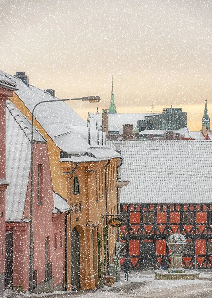 Ruas Helsingborgs Cidade Velha Suécia Durante Uma Tempestade Neve — Fotografia de Stock