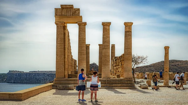 Lindos Greece Ekim 2018 Yunanistan Rodos Adasındaki Lindos Akropolünde Stoa — Stok fotoğraf