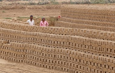 Rajasthan, Hindistan - 16 Mart 2018: Hintli ve Tuğla Fabrikası, Rajasthan Hindistan üzerinde çalışan kadın