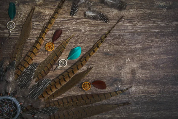 Rüya yakalayıcı tüyleri koyu ahşap arka plan, sülün tüyleri, ördek tüyler, tavuk tüyleri