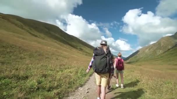 年轻的远足朋友在山上散步。 带背包旅行朋友的后视镜。 Hd慢动作活体活体图像 — 图库视频影像
