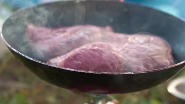 Frittiertes saftiges Fleisch. Viel Rauch. Zeitlupe. Grill in der Natur. die Zubereitung von Braten auf dem Grill. — Stockvideo